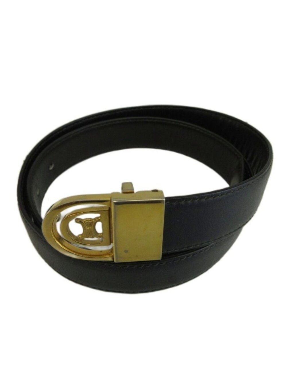 Celine Vintage Belt Leather Buckle Triomphe Gold Black